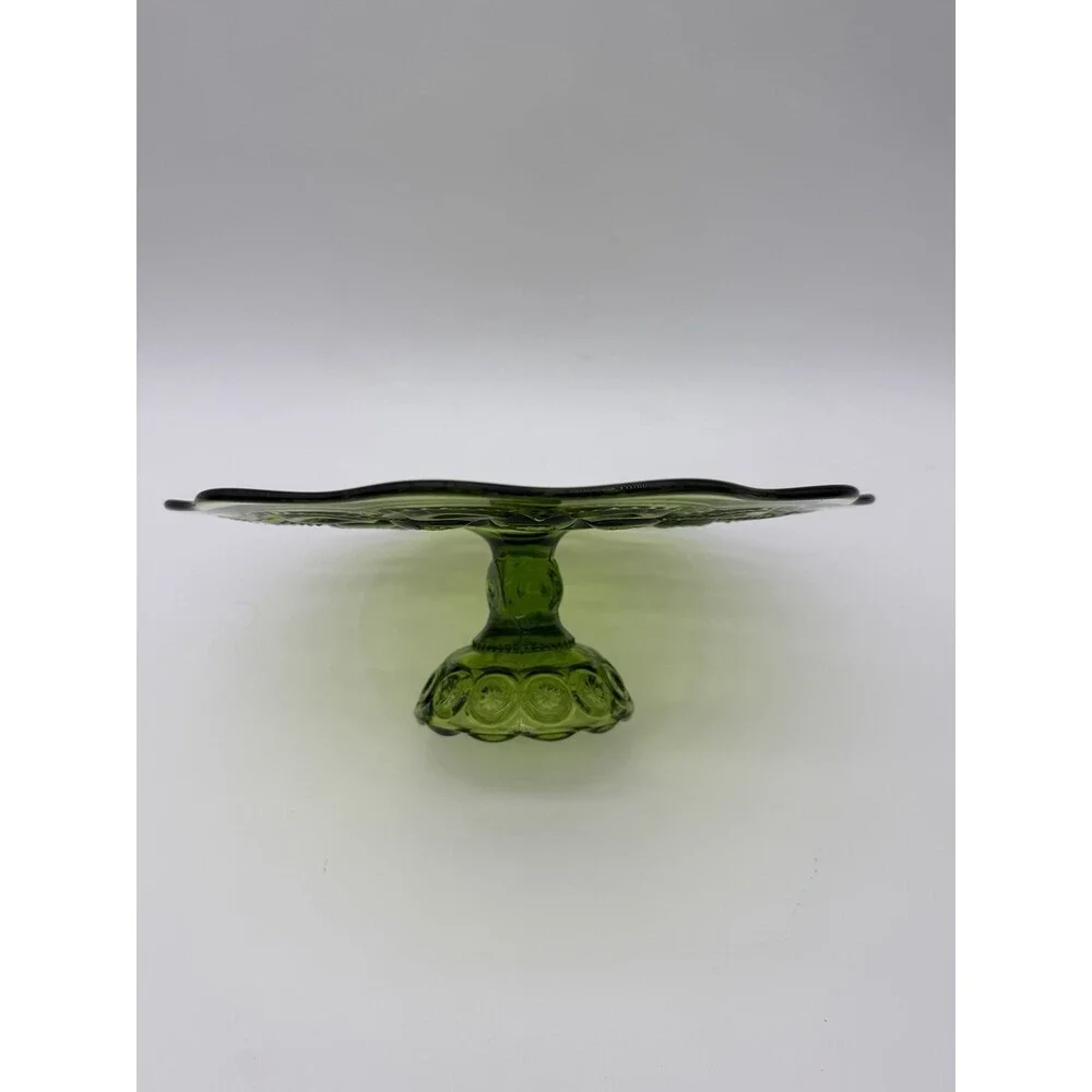 MCM LE Smith Moon & Star Cake Stand Heritage Green Art Glass Pastry Plate 11”